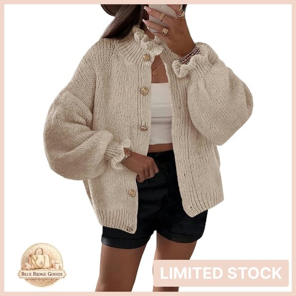 Sweaters - Oversized Ribbed Knit Cardigan Ruffle Neckline Open Front Chic Fall Sweater
